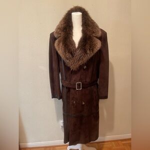 SOLD;Men's Brown Suede & Beaver Fur Collar Coat size M 42 slim fit.